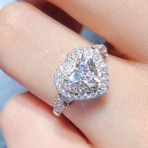 🌸Diamond Heart CZ Shiny 14k White Gold Luxury Macro Pave Ring for Women, K852 - Picture 2 of 11